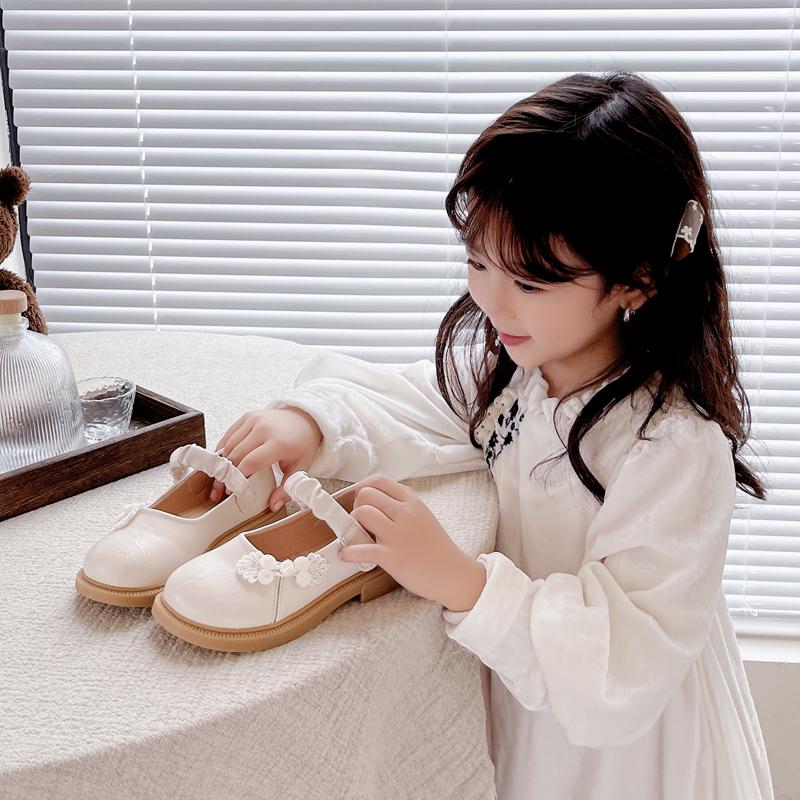 Girls Flat Shoes Chinese Style Kids Leather Shoes Pu Pleated Round Toes 2025 Spring Autumn Girls Princess Shoes Sweet Ins Trendy