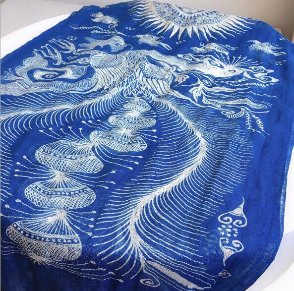 60x185CM Spring And Autumn Thin Retro Blue Tie Dyed Scarf Breathable Peacock And Butterfly Design Thin Linen Scarves For Lady