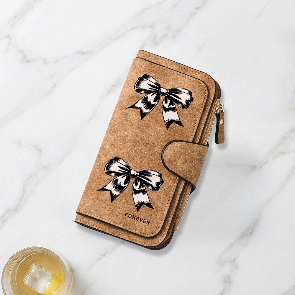 Black and White Hand Painted Bow Print Long Wallet Multifunctional Portable Coin Purse with Clasp Large Capacity Clutch Suitable for Daily Commuting