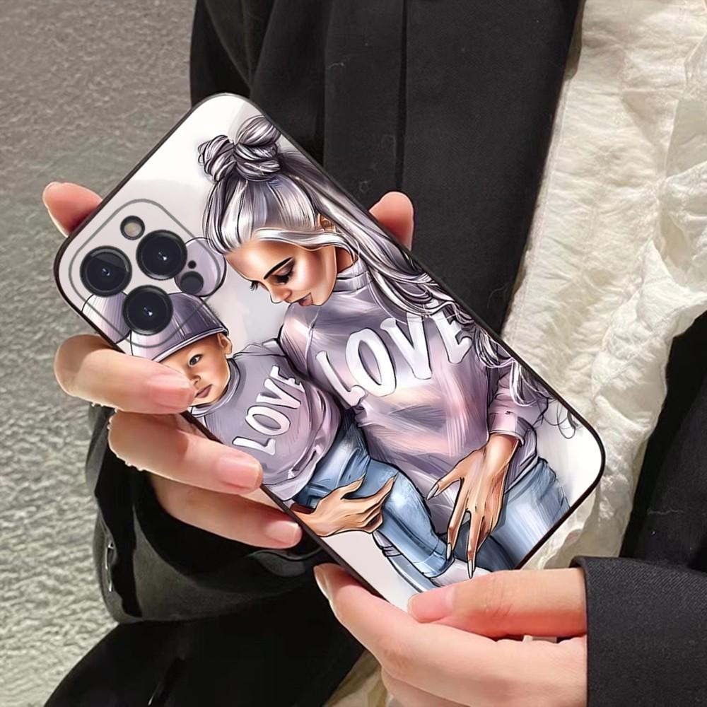 

Black Brown Hair Baby Mom Girl Son Phone Case For iPhone 15 14 11 12 13 Mini Pro XS Cover 6 7 8 Plus X XR SE 2020 Funda Shell iPhone 11