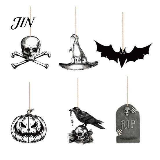 Halloween Hanging Decor 6Pcs Wooden Decoration, Ghost Pumpkin Eyeball Pendant Ornament with Rope, Spooky Holiday Party Decorations
