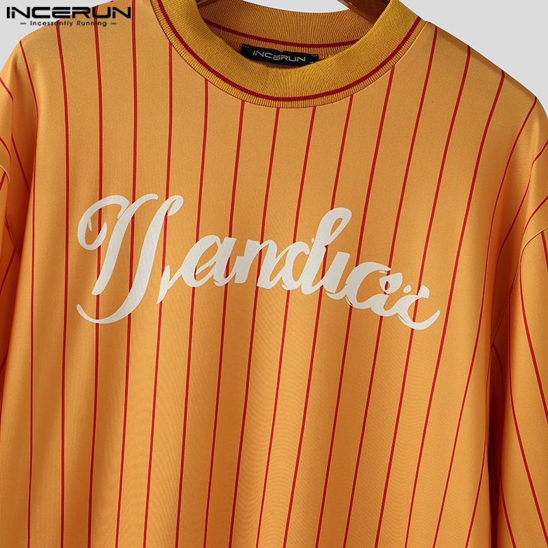 INCERUN Men Round Neck 3/4 Sleeve Striped Print Stitching Summer T-shirts Tops