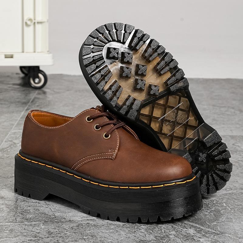 Thick-soled holes Small leather shoes Women's low-top, brown British round head Casual student muffin bottom Short boots