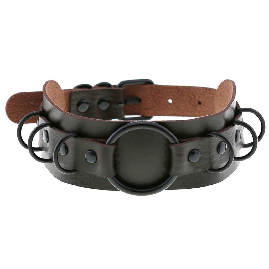 Dark Black PU Leather Punk Choker Gothic Ring Collarbone Necklace Exaggerated Fashion Accessory for Women