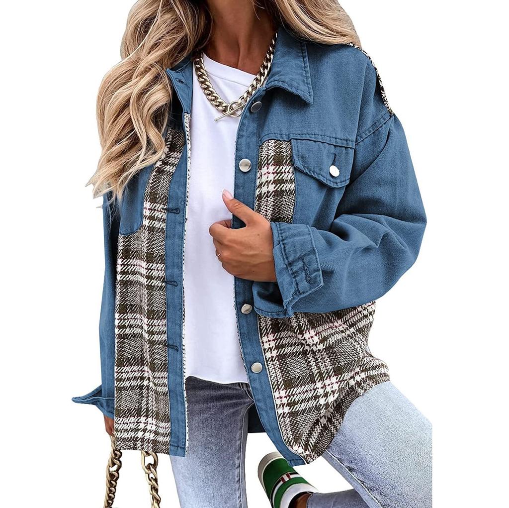 Autumn and Winter Women's Jeans Jackets, Denim Jacket Long Sleeved Checkered Button Down Shirt Jacket Top and Valve Pocket