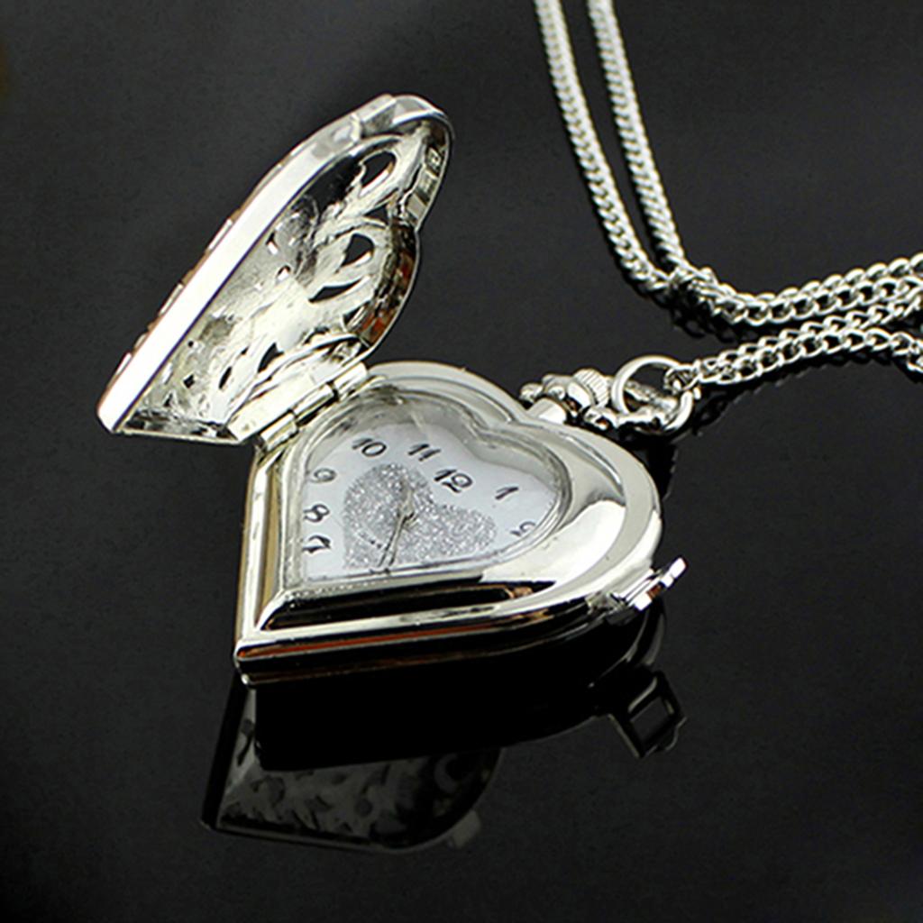 Women Vintage Hollow Heart-Shaped Pendant Long Chain Necklace Cute Pocket Watch