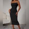 Summer New European and American Fashion Women's Clothing Solid Color Slim Suspender Skirt Long Suspender Pleated Dress