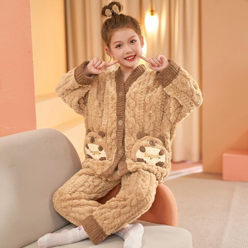 Kids Coral Fleece Pajama Set Winter Thick Warm Sleepwear Girls Family Matching Home Outfit