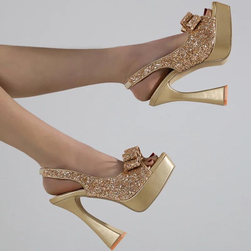 Fashion New Bling Sequined Elastic Band Back Strap Thick High Heels Women Sandals Sexy Peep Toe Platform Chunky Bowknot Party Shoes