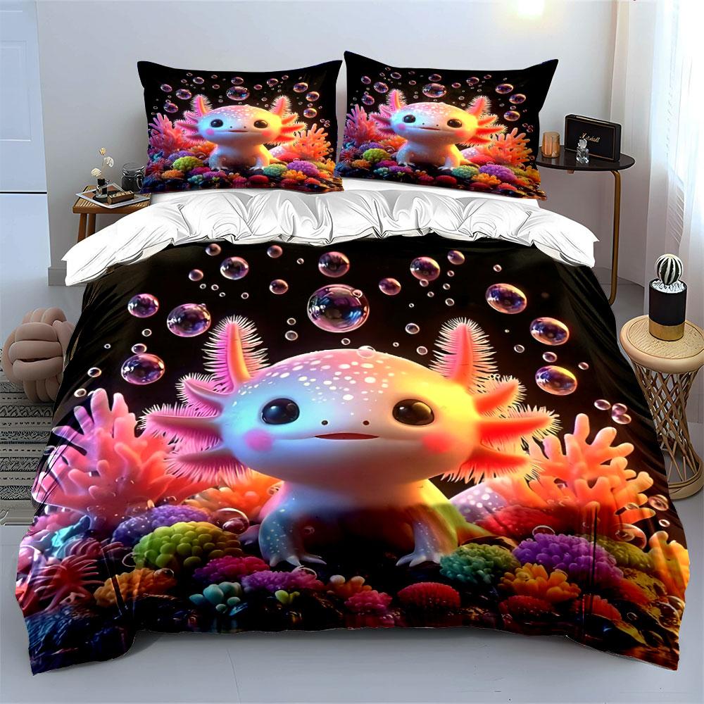 Cute Salamanders Colorful Coral Bedding Set For Kids Luxury Gift 3Pcs Digital Print Comforter Set Soft Comfortable Breathable