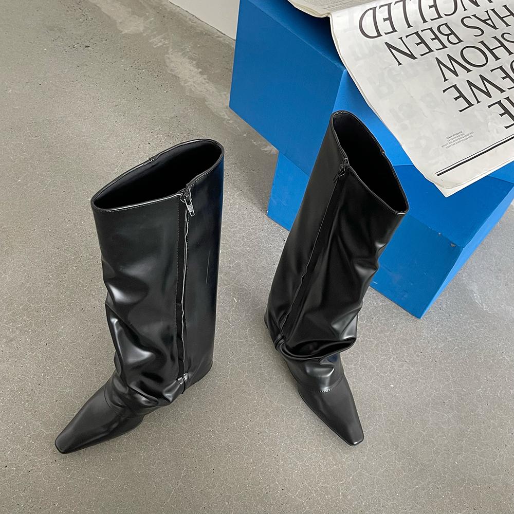 

Модные женские зимние сапоги с острым носком 2024 года, новые поступления, сапоги до колена, вестерн-бота, черные лакированные сапоги с боковой молнией 39 5.5