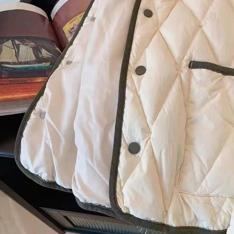 2023 Korean Color Block Diamond Pattern Short Cotton Padded Winter Jacket with Turn-Down Collar