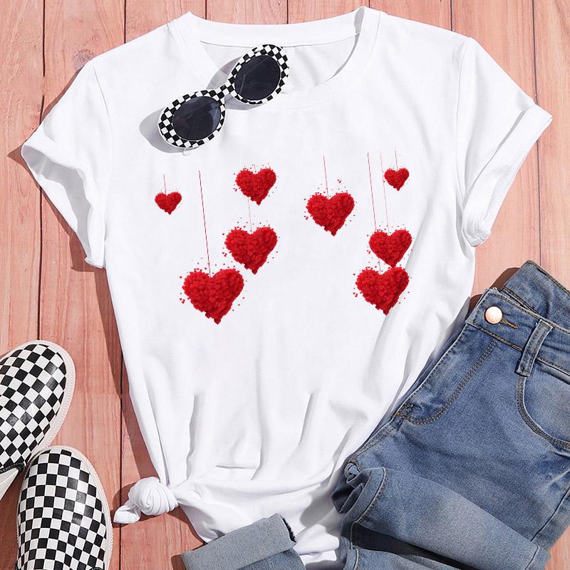 Sportswear Feminine Short Sleeve White Tshirt Clothes Heart Graphic Print T-Shirt Leisure Summer O-Neck Oversized Top Popular T