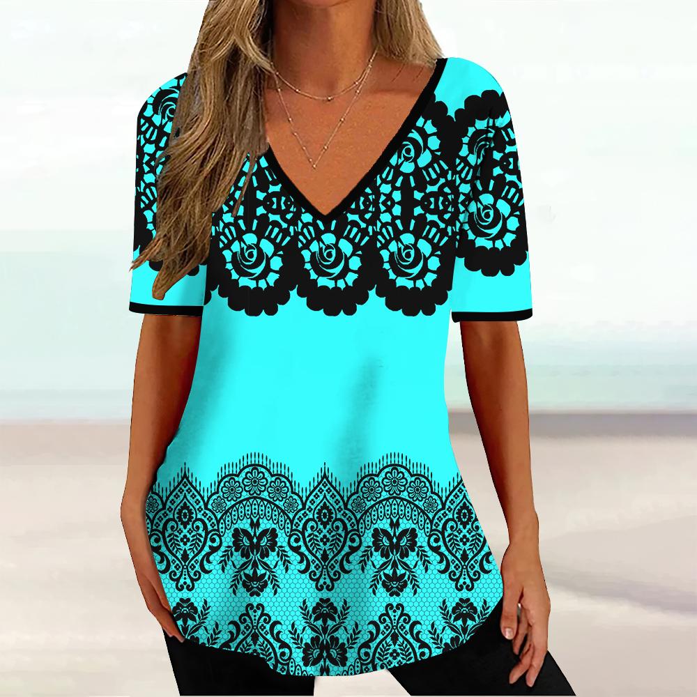 Summer V-neck 3D Geometric Striped Printed Top Fashionable Casual Short Sleeved Women's T-shirts