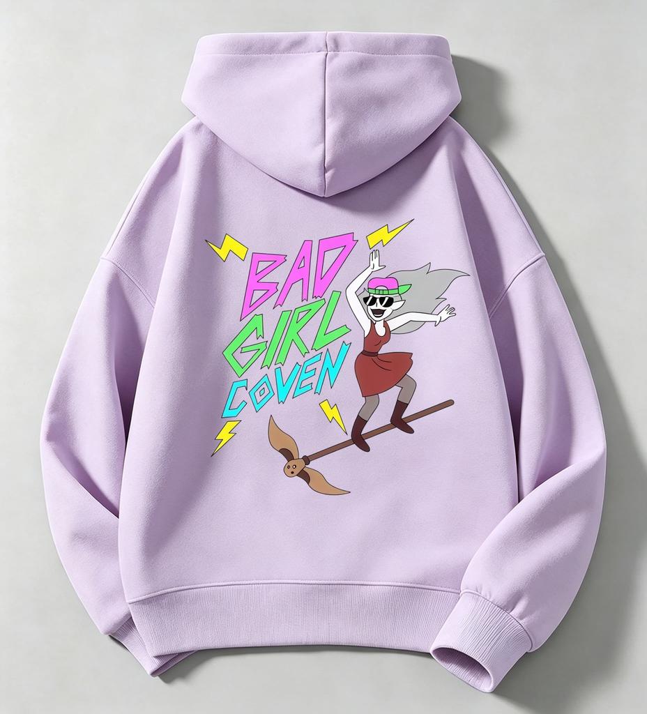 Latest color print of bad girl witch broom on children's hooded sweatshirt.Teenage loose oversized retro cartoon pullover hoodie