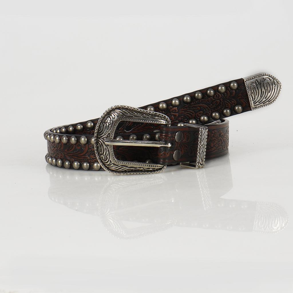 Women's Retro Carved Men's Round Rivet Belt Punk Rock Jeans PU Leather Waist Strap