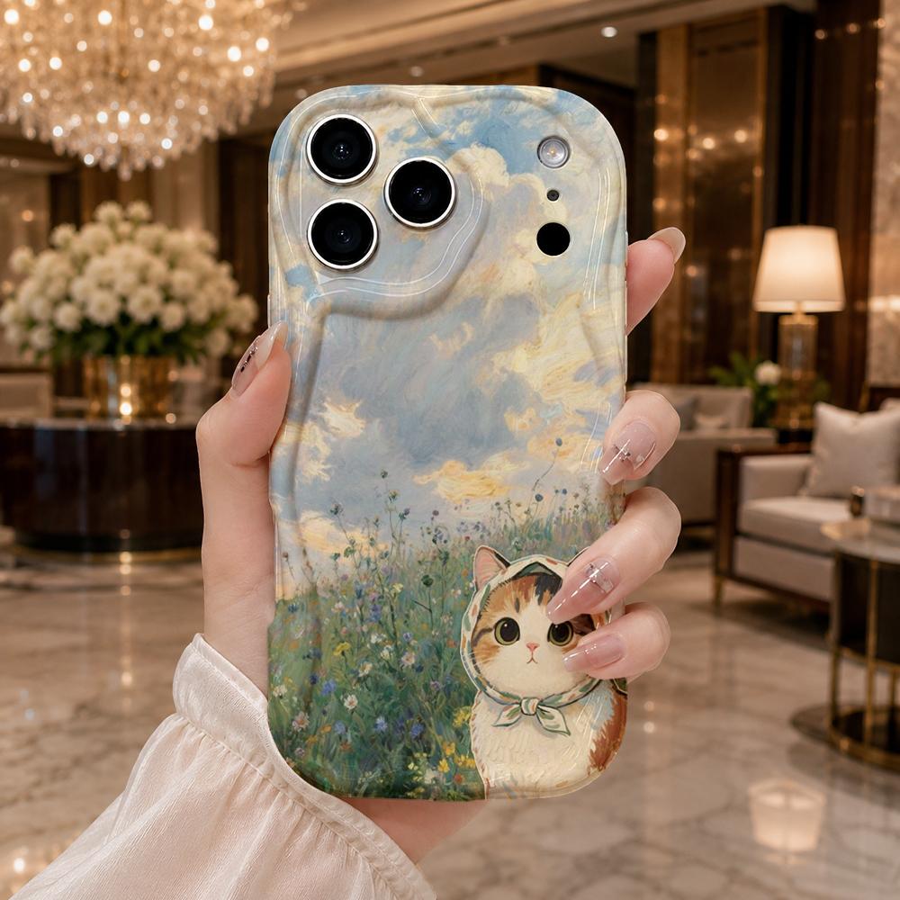 Monet Style Meadow Kitten Frame Wavy Edge Phone Case For iPhone 16 15 14 Pro Max 13 12 11 Mini XR XS SE 2020 17 Air Cover Soft TPU