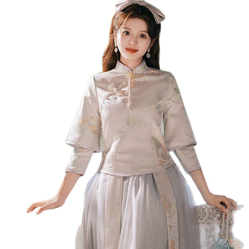 Gray Stand Collar Chinese Bridesmaid Dress 2024 Autumn/Winter - Petite Super Fairy Sisterhood Gown
