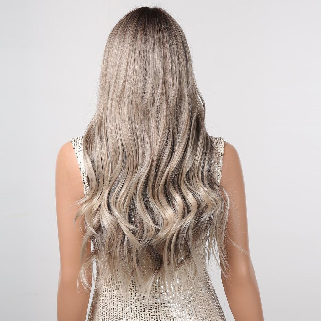 Long Wavy Synthetic Wig with Bangs Ombre Gray Brown Highlight Hair Cosplay Daily Natural Wig for Women Heat Resistant Fiber Wig