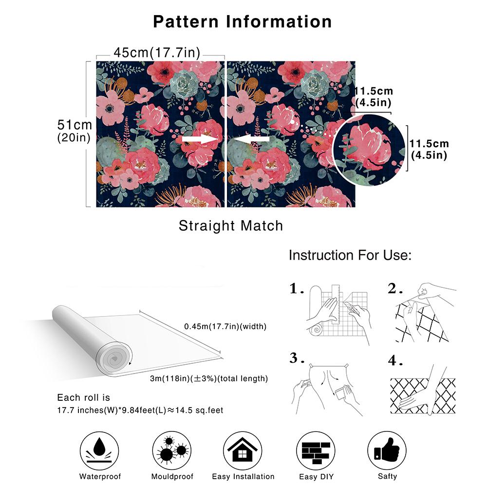 Květinová Samolepicí Moderní Květinová Tapeta Růžová/Zelená/Námořnická Modrá/Oranžová Vinylová Samolepicí Kontaktní Papír Ložnice Dekorativní