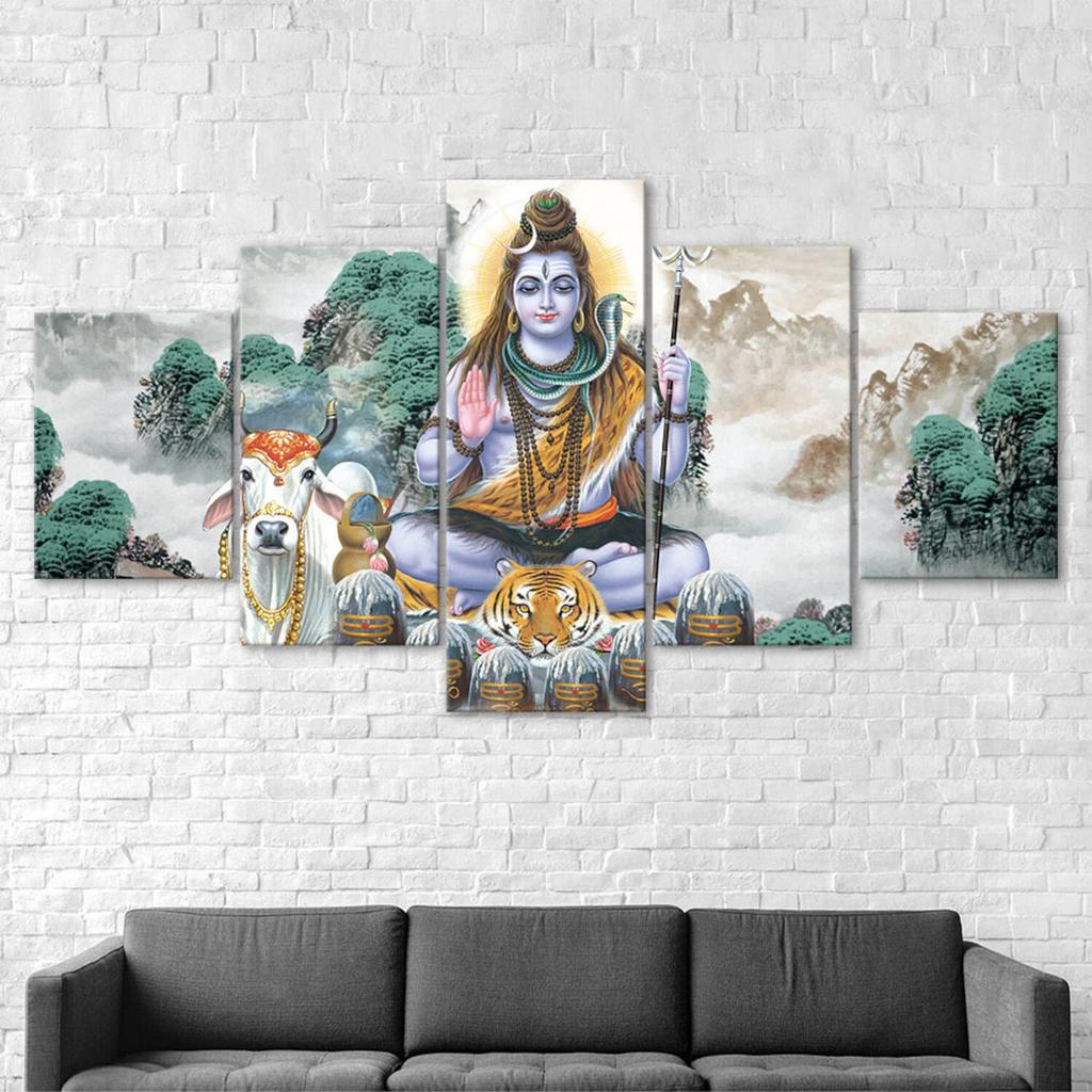 Lord Shiva Nandi Bull Tiger Skin Blessing 5 Piece Five Panel Wall Canvas Print Modern Art Poster Picture Home Decor Gift For Him For Her