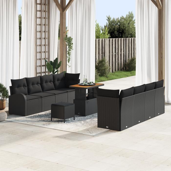 Ensemble de canapés de jardin 11 pièces avec coussins en rotin synthétique noir, Canapé de jardin 2 places avec rangement 3364319