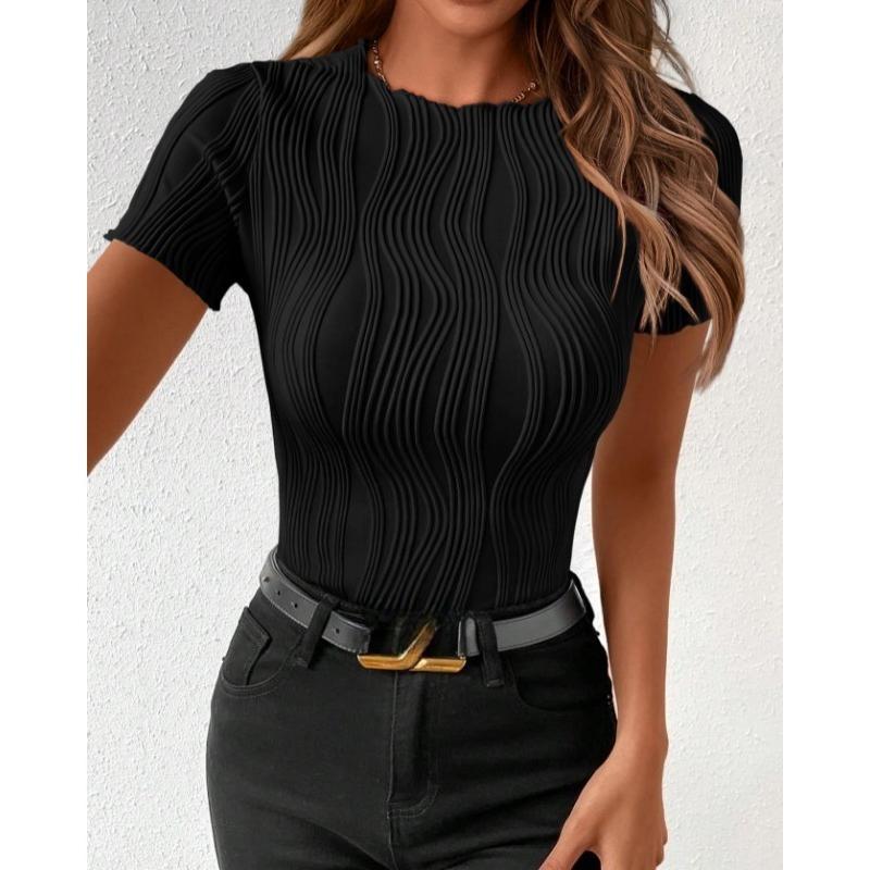 Summer Round Neck Slim Fit Short Sleeved T-shirt Elegant Simple Top Fashion Street Wear Casual Solid Color Blouse Pleated Office Shirts Tees