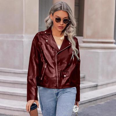 Women's Autumn 2025 Slimming Slanted Zip Short Leather Motorcycle Jacket