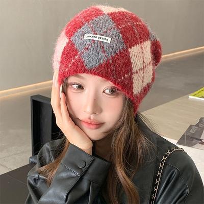 Female New Korean Version Versatile Color Matching Plaid Knitted Wool Hat Warm College Style Autumn and Winter Ear Protection Rhombus Plaid Hat
