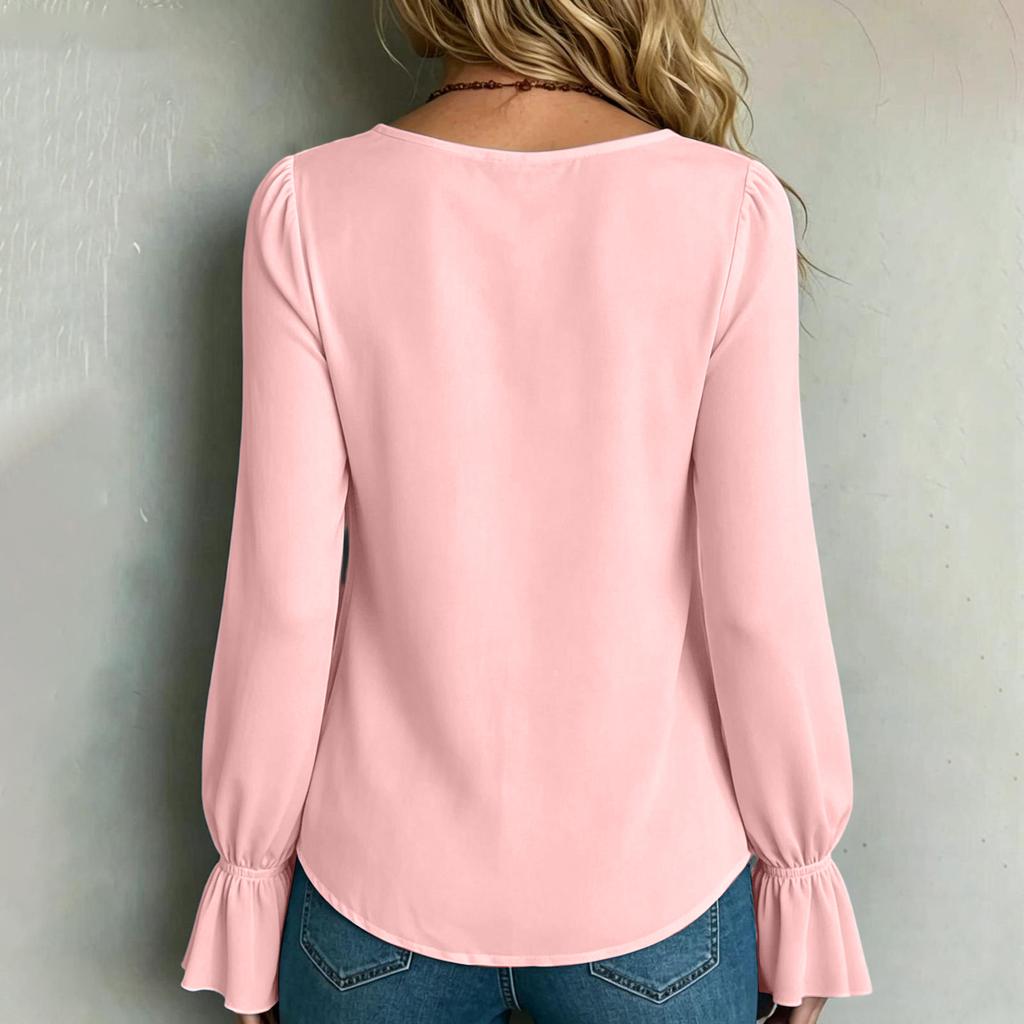Women's V-Neck Pleated Long Sleeve Loose Fit Blouse - Color Elegant Top