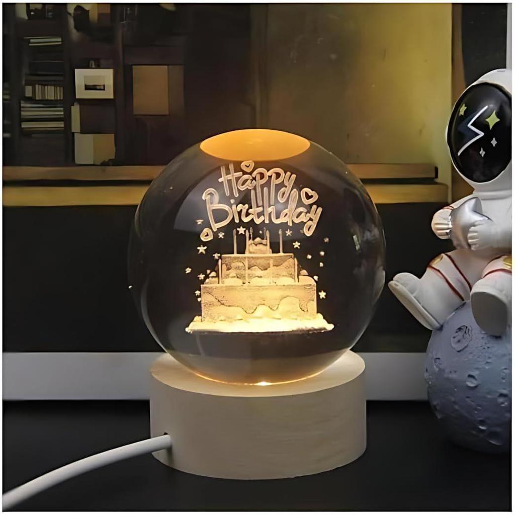 Crystal Happy Birthday Lamp Engraved Crystal Ball LED Night Light with Wooden Base - USB Powered Glass Ball Led Night Light Table Lamp for Kids Room