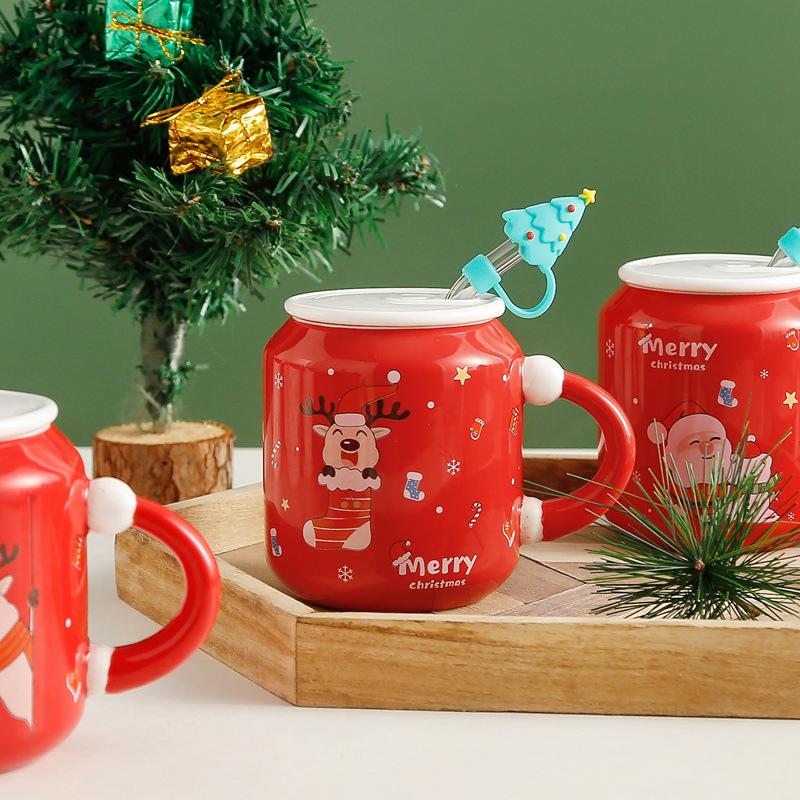 Tasse à boire en forme d'élan de Noël, tasse créative rouge pour personnes âgées, tasse en céramique avec chapeau de Noël haut de gamme, mignonne