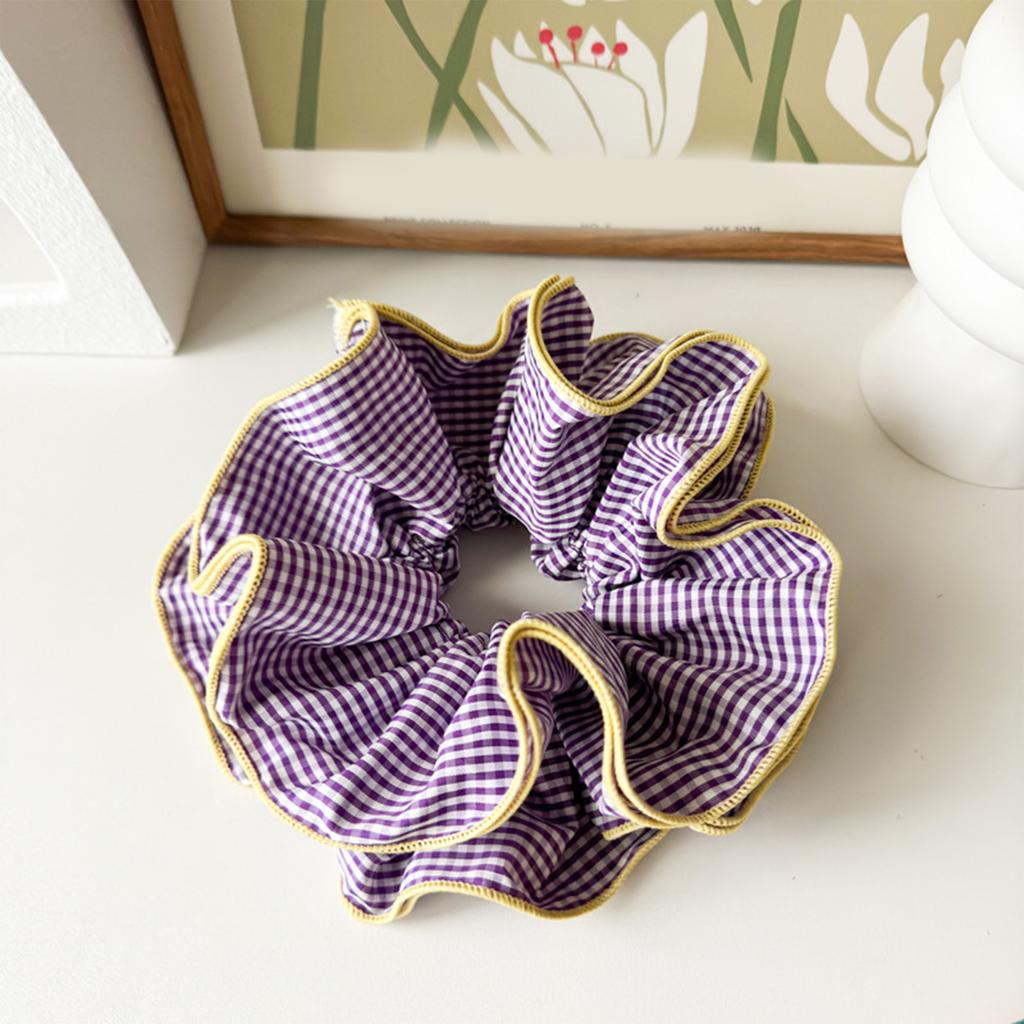 Women's Checkered and Floral Double Layered Scrunchies with Ruffled Korean Style Oversized Hair Accessories
