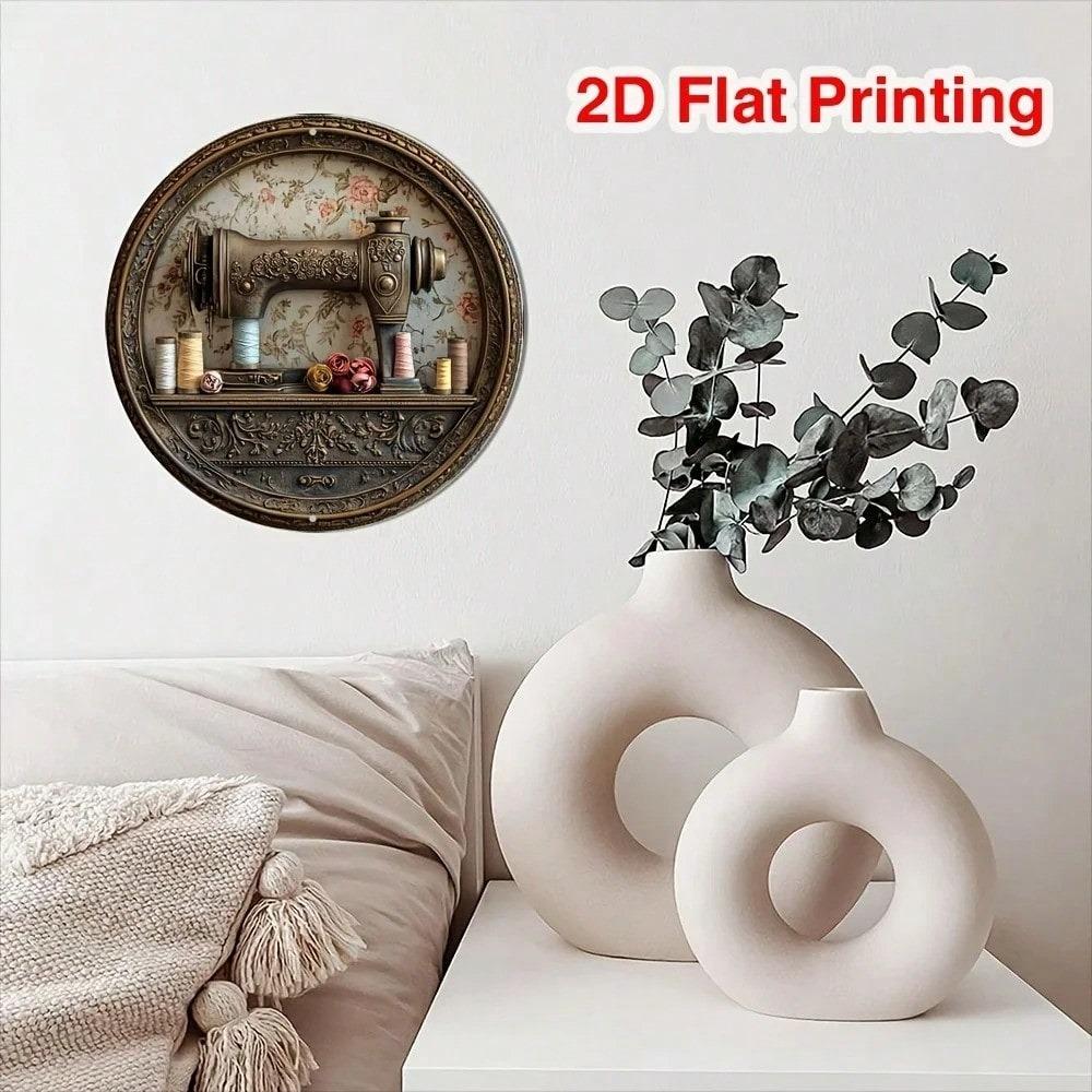 Vintage Sewing Machine Metal Wall Art Round Kitchen Decor Christmas Gift