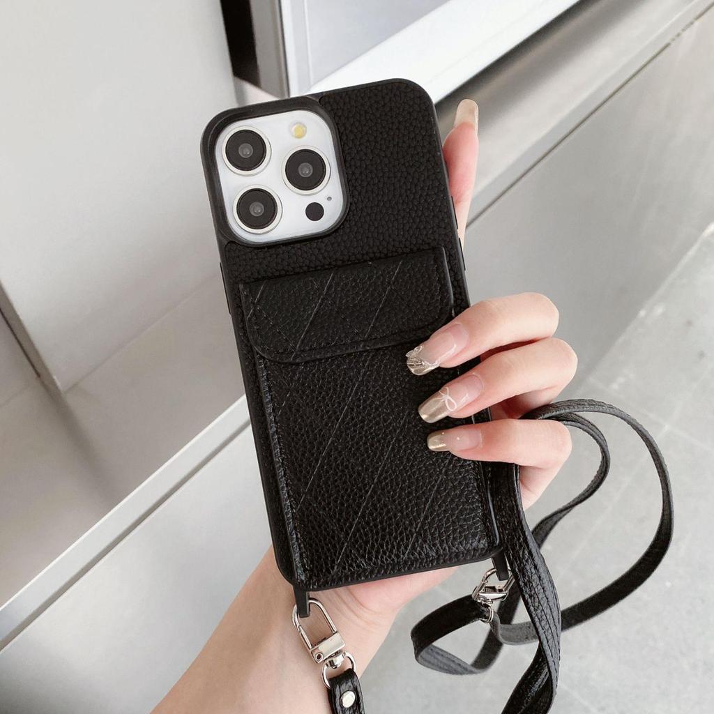 Lychee Pattern Crossbody Card Holder Case for iPhone 14 Pro Max, 15, and 16 Pro