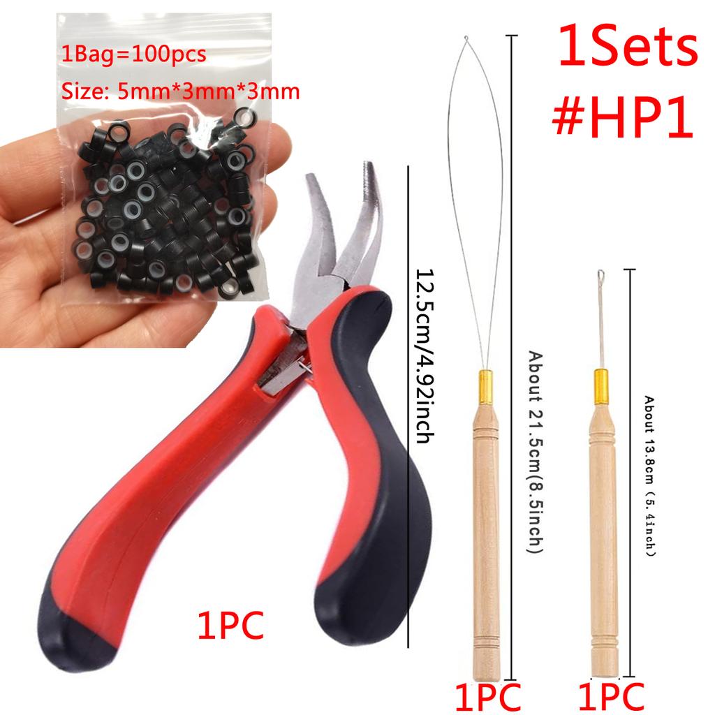 1 Satz Haarverlängerungszangen-Set, 100 Mikroglieder/Perlen + 1 Ziehnadel + 1 Mikroringe + 1 Haarzangen-Werkzeug