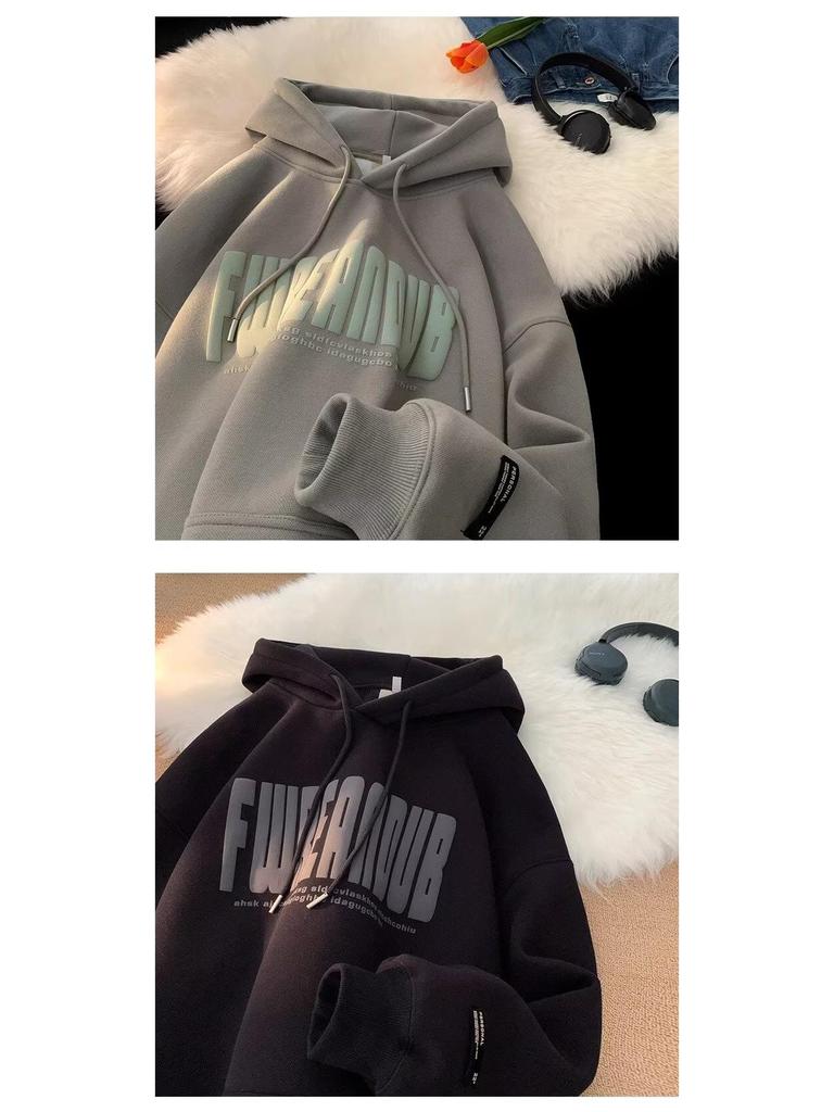 Unisex American-Style Heavyweight Hooded Sweatshirt - Men's Winter Loose Fit Casual Foam Print Top