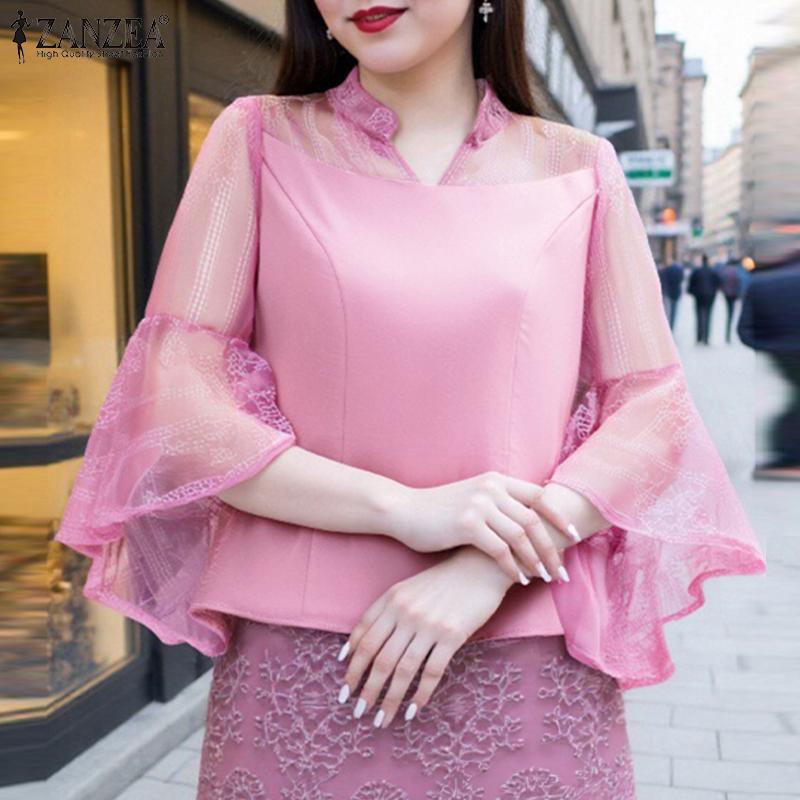 ZANZEA Women Casual V-Neck 3/4 Sleeve Mesh Patchwork Blouse