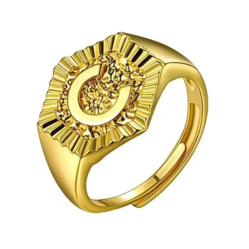 Hexagon Surface 3D Embossed A-Z Initial Letter Rings for Man Woman Adjustable Size A-Z 14k Gold Color Family Signet Jewelry