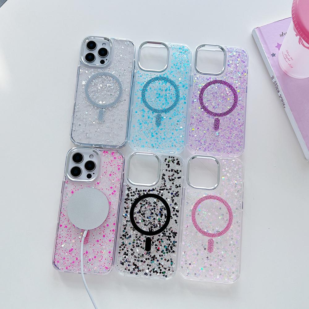 KEYSION Luxuxy Glitter Magnetic Phone Case for MagSafe for iPhone 12 13 14 Pro Max 14 Plus Soft TPU+PC Shockproof Back Cover