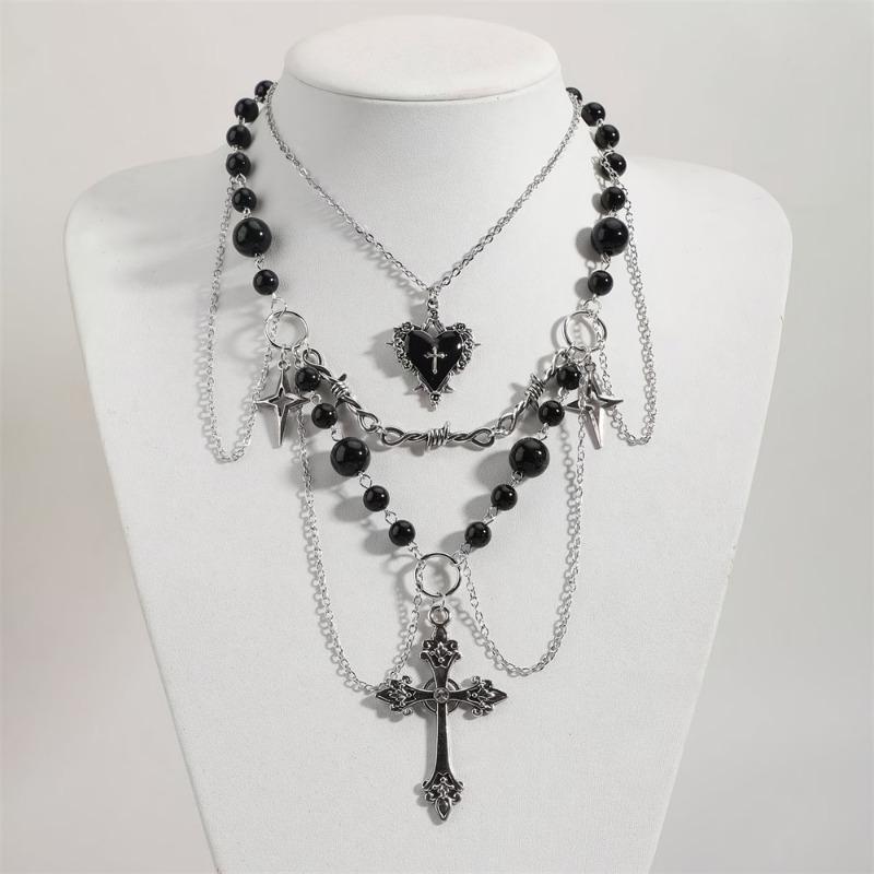 Multi Layer Black Beaded Cross Bat Heart Star Gothic Stacked Clavicle Necklace For Women