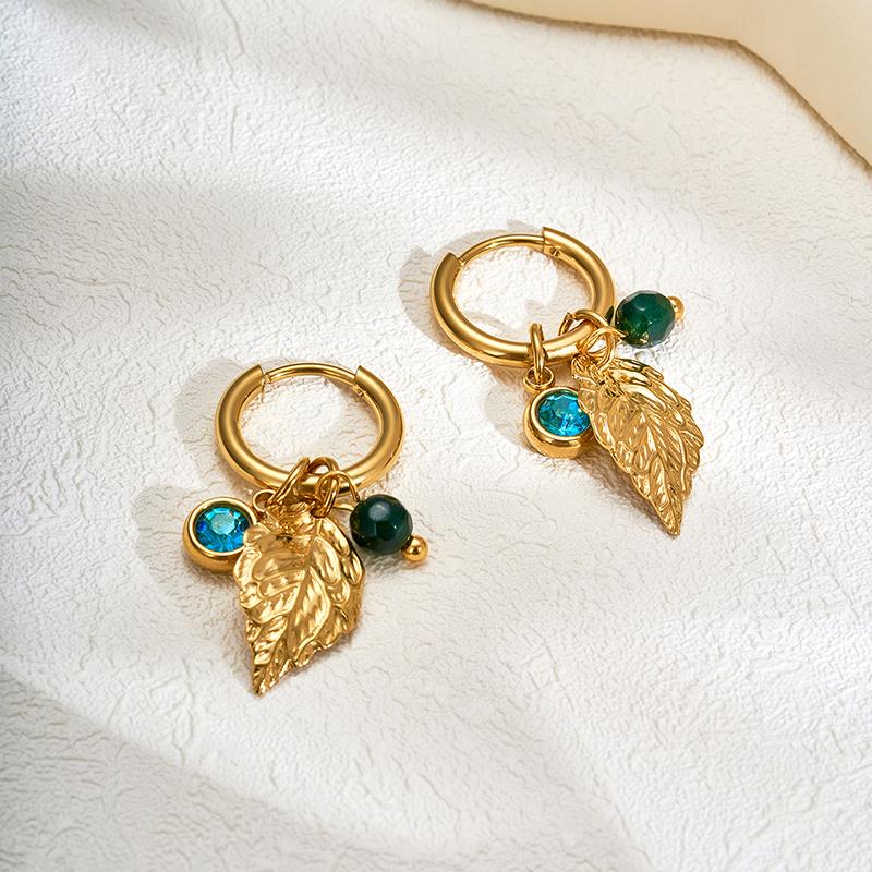 18K Gold Plated Stainless Steel Hoop Earrings for Women Vintage Green Natural Stone Charms Trendy Waterproof Jewelry
