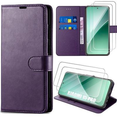 Coque Et 2 Verres Trempés Pour Xiaomi 15 Pro, Anti-Rayures Porte-Carte Protection 360 Degré Effet Cuir Violet Foncé
