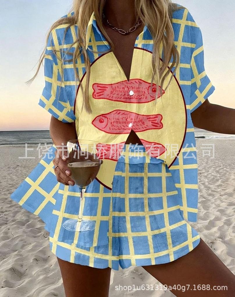 Hot Sale Casual Holiday Shirt Set Beach 1D Printed Shirt Shorts Women's Suit Customized-Made