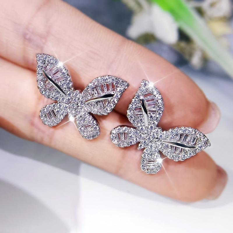 Silver Butterfly Three-Piece Set White Zircon Earring Necklace Ring Wedding Party Engagement Jewelry Gift