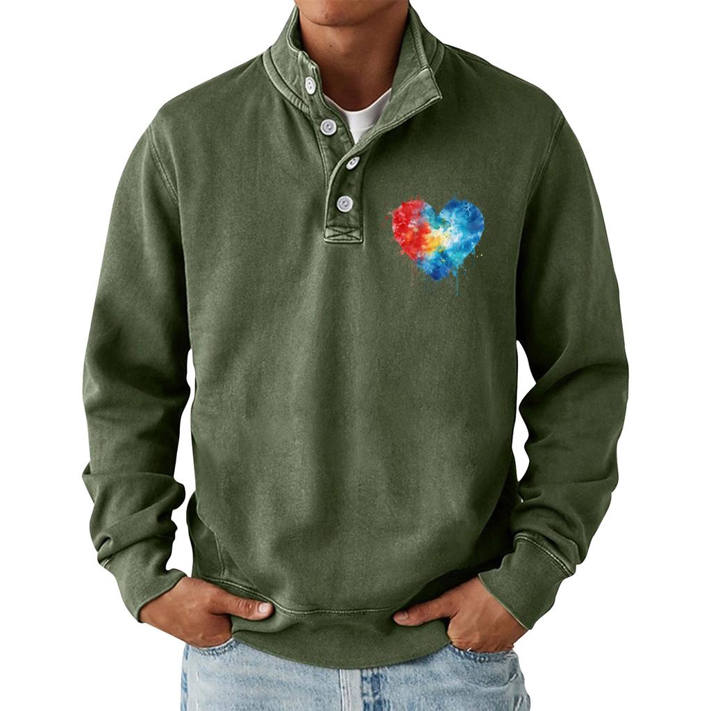 Men's Casual Stand-Up Collar Long-Sleeve Top Print Button-Down Sweatshirt