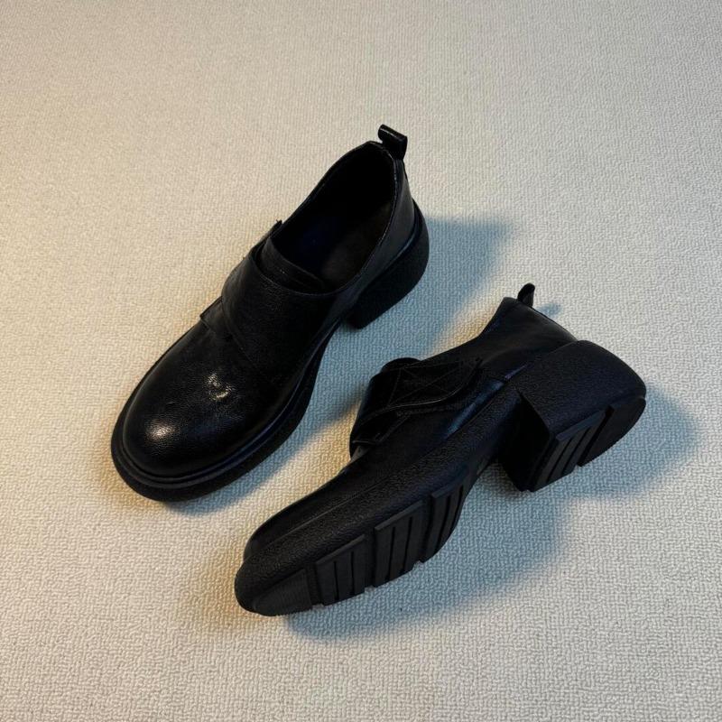 Sheepskin Retro Thick Heel Velcro Versatile Round Head Leather One-pedal Small Leather Shoes Women