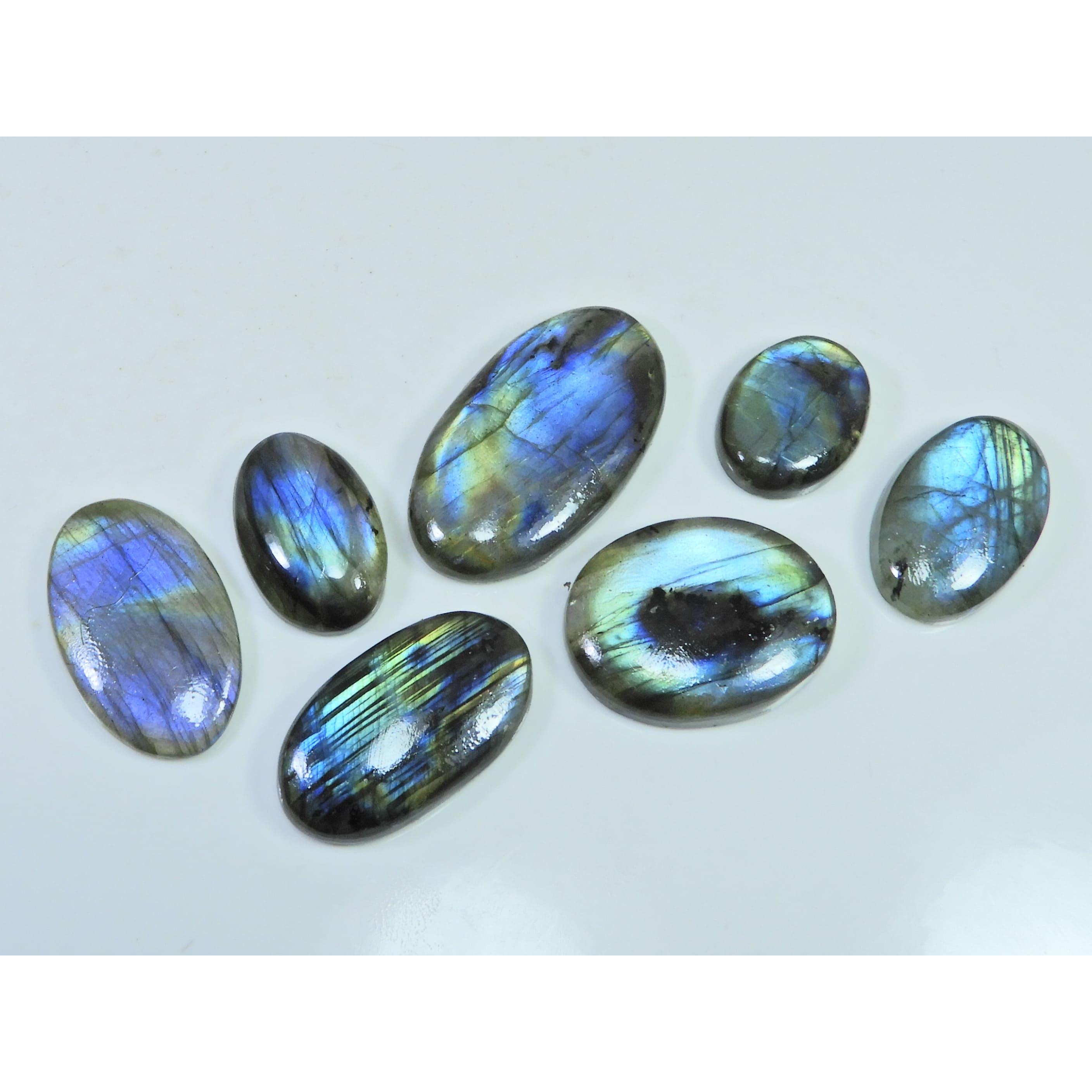 228 карат. Натуральный лабрадорит, мульти-флеш, овальный кабошон, россыпной драгоценный камень, лот из 7 шт. C-1820
