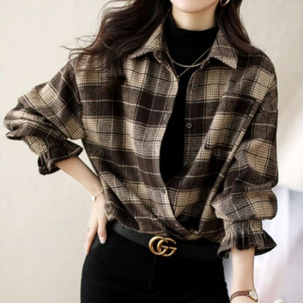 Navava Women Shirring Sleeve Long Sleeve Check Shirt Nb1760