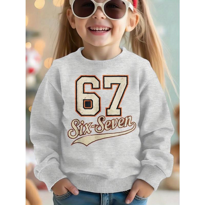 Kids Unisex Crewneck Sweatshirt, Vintage Distressed Varsity Block 67 Six-Seven Script Long Sleeve Pullover, Casual Sweatshirt for Boys Girls Ages 4+
